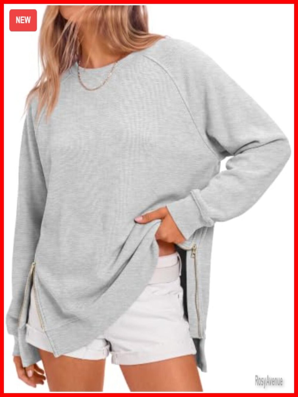Oversized Crewneck Tunic Sweatshirt Side Zip Long Sleeve Casual